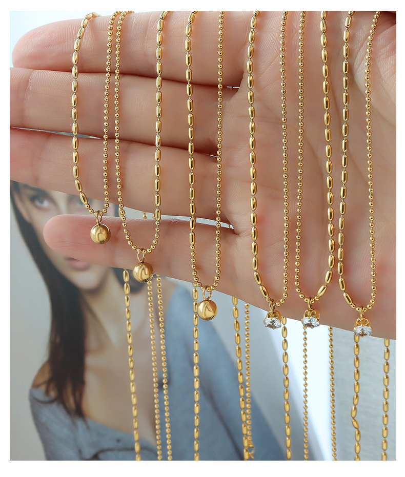 Retro Style Round Bead Necklace Zircon Pendant Clavicle Chain Titanium Steel_colorza_5