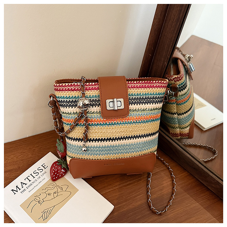 Seaside vacation beach rainbow woven bag for women 2025 Summer New style fashionable, simple, casual and high-quality single-shoulder bucket bag undefined