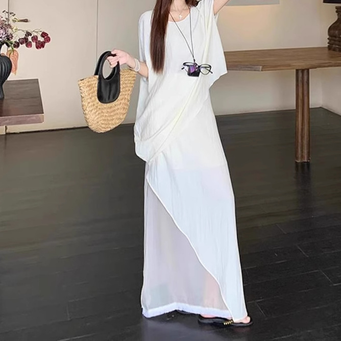 2025夏季新款松弛感气质不规则薄款T恤毛边拼接半身裙时尚套装女|undefined