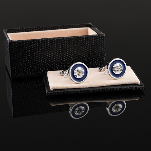 New Arrival Round Electroplated Silver-Color Blue Enamel Diamond-Inlaid Metal Cufflinks — Wholesale French-Style Cufflinks for Foreign Trade