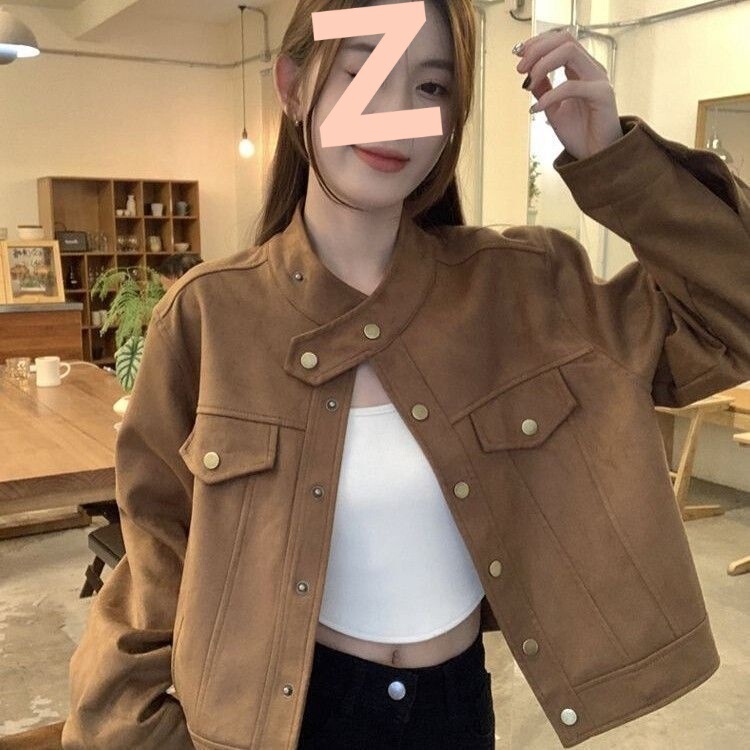美拉德穿搭立领洋气外套女秋冬高级感复古宽松短款夹克麋鹿皮外套|undefined