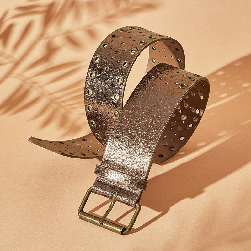 Wide Hollow Belt, Western denim style, Dark Brown, 5.8 cm × 105 cm