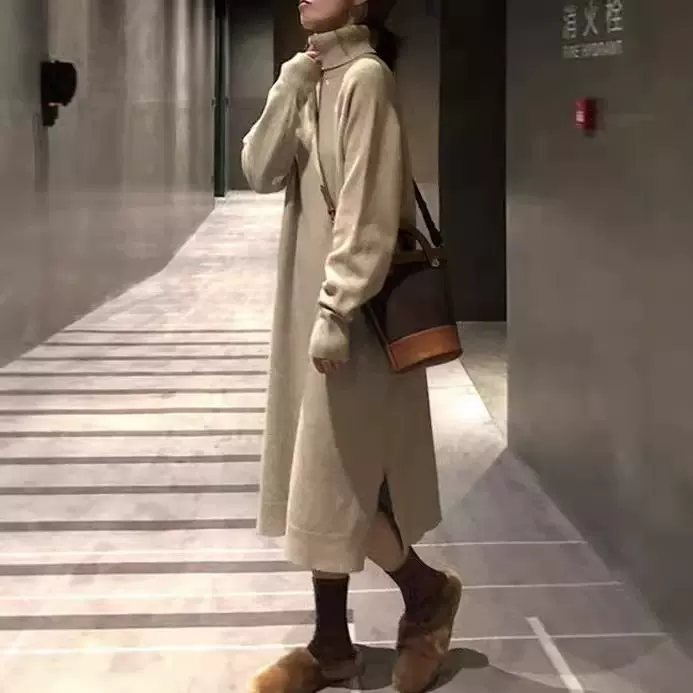 外贸秋冬时尚气质配大衣长款毛衣裙过膝打底内搭高领针织连衣裙女