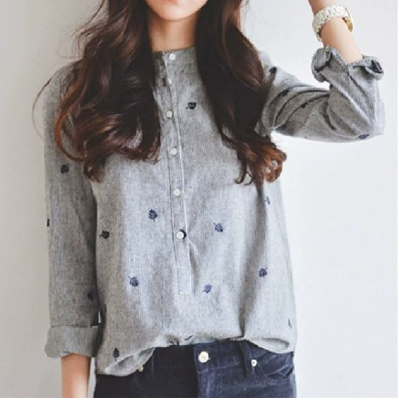 Корейский стиль Новый стиль Школьный стиль Полосатая рубашка с воротником-стойкой Вышитая Базовая рубашка с длинным рукавом Модная