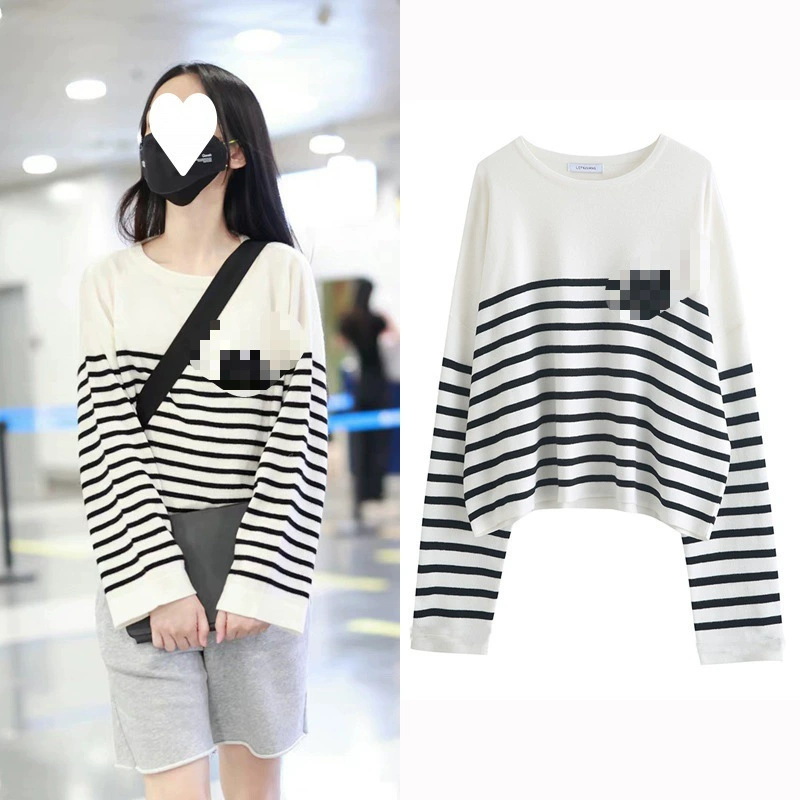 В наличии Чжоу Е Чжао Руси тот же стиль весна-осень Новый Полосатый Повседневный Свободный вязаный свитер с длинными рукавами для женщин