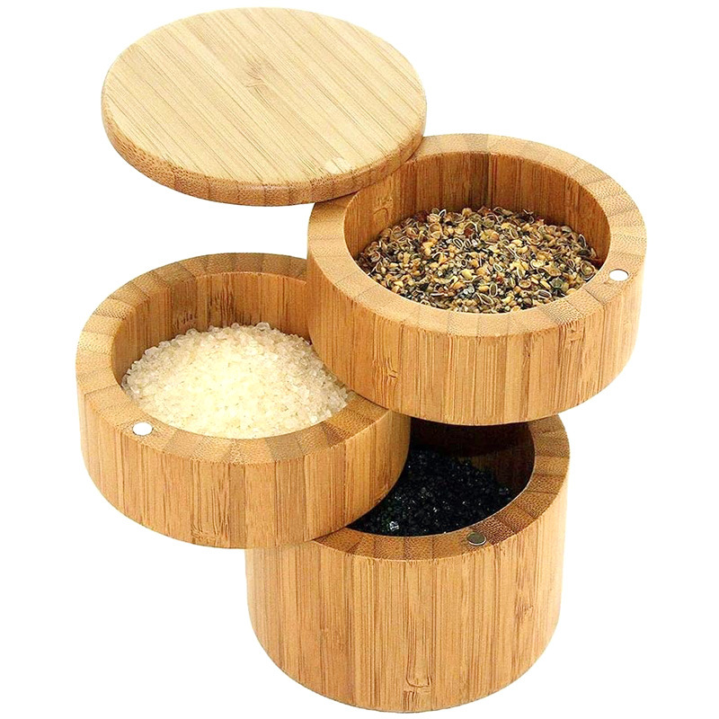 Tarro de sal de bambú transfronterizo suministros de cocina Tarro de condimento de bambú con cuchara Caja de condimento de bambú en stock Estante de especias