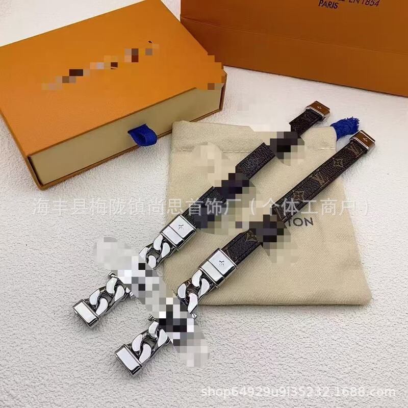 L's New Versatile Bracelet Titanium Steel Cuban Leather Bracelet Fashionable Versatile Letter Leather Rope Factory Direct Sales Wholesale
