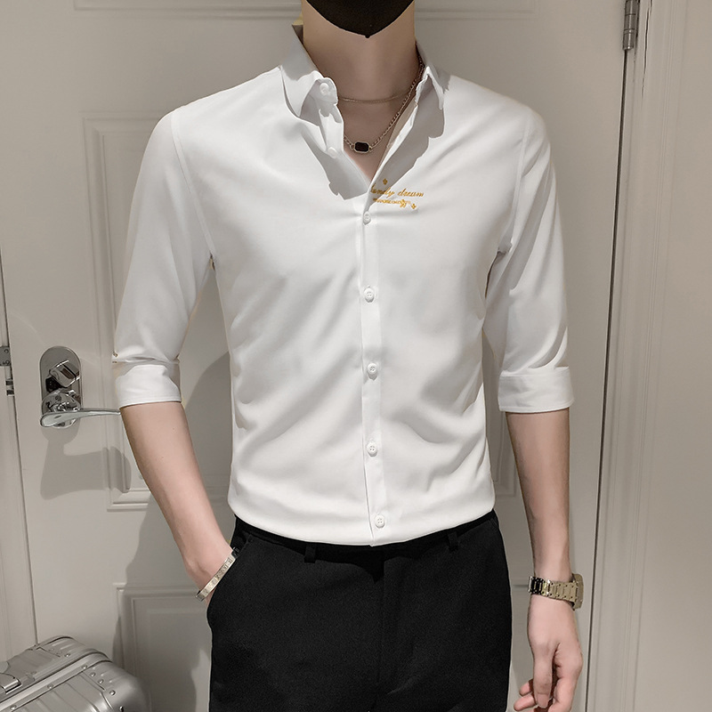 新品夏装男生七分袖衬衫时尚刺绣英伦风修身翻领男士中袖衬衣现货