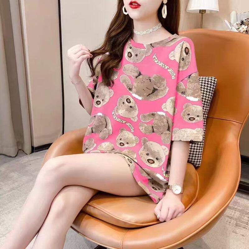 [Cross-border] in stock new women's T-shirt long loose slimming printed fashion cute plus size casual outerwear