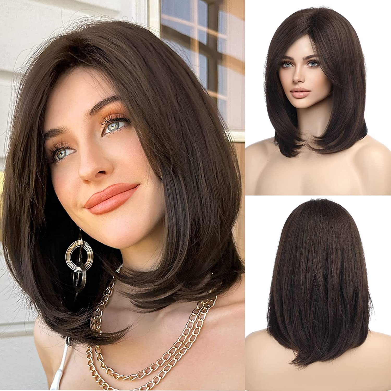 Synthetische Perücke, dunkelbraun, achteckiger Pony, synthetische Faser, Hochtemperatur-Filament, langes, gerades Perückenstirnband_voghion.com