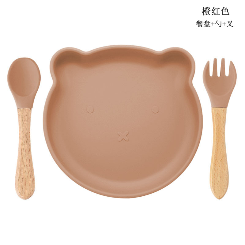 Bebé de alimentación placa cuchara Tenedor traje grado alimenticio silicona Integrado placa niños dibujos animados oso vajilla materna y infantil