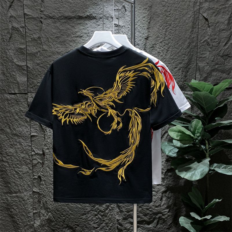 Men's Clothing Men's Phoenix Embroidered T-Shirt Heavy Duty Short Sleeve Round Neck National Trend Light Luxury Top Style Trendy Youth_viptrois.com