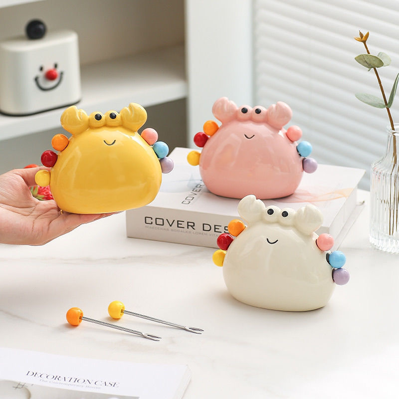 カニフルーツフォークデザートかわいいステンレス鋼の小さなフォークセラミック保存瓶セットフルーツインサート子供の安全なフルーツピック|undefined