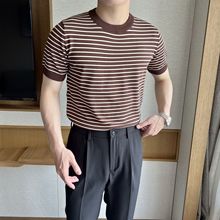 美式复古条纹针织短袖男夏季新款2023条纹圆领冰丝透气海魂衫T恤