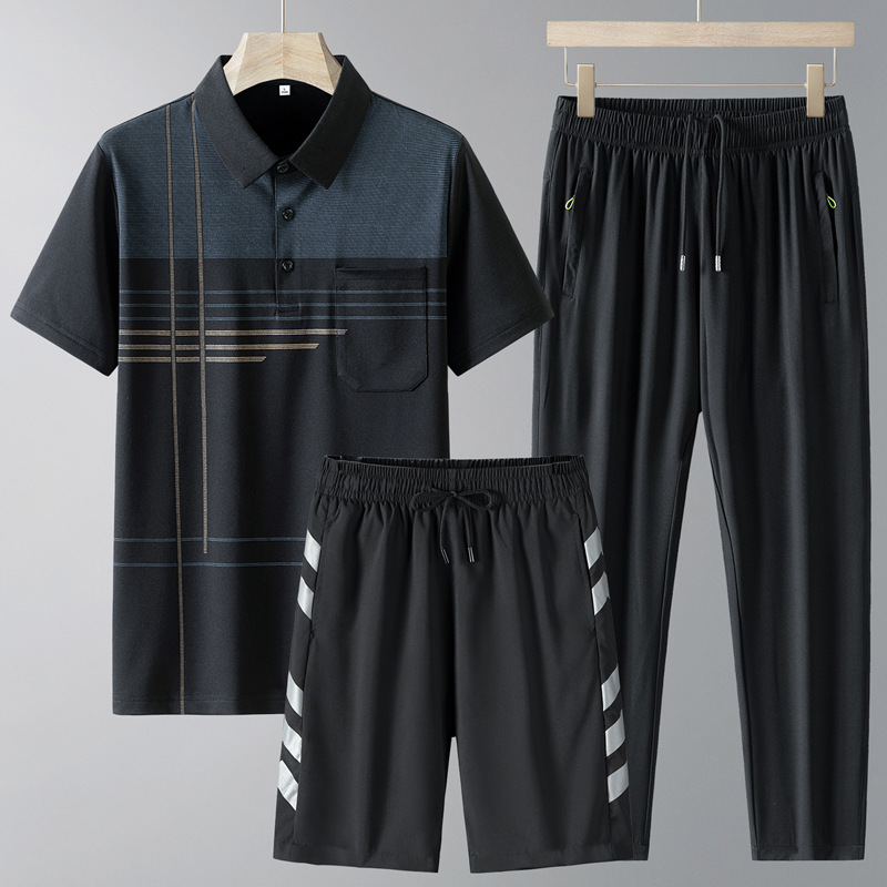 Traje casual de verano de papá de mediana edad Camiseta polo de media manga delgada de verano de manga corta para hombre Camiseta de tres piezas de secado rápido para hombre