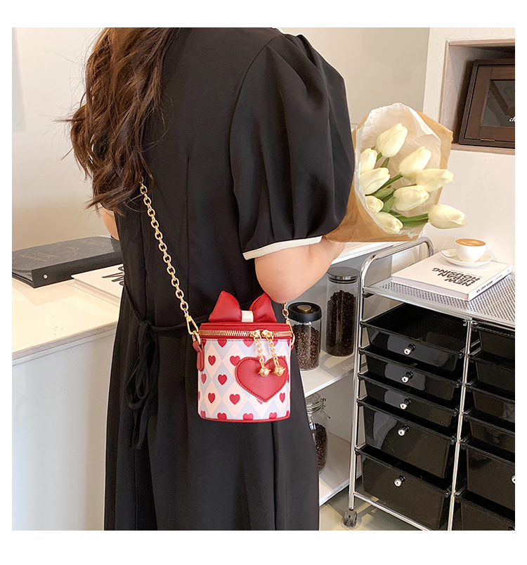 Women's Pu Leather Heart Shape Fashion Printing Bowknot Chain Bucket Zipper Crossbody Bag Bucket Bag display picture 7