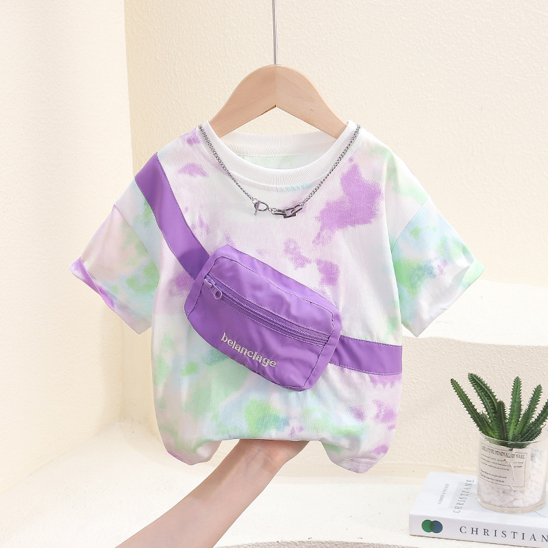 7817 Camiseta de manga corta de verano para niños nuevo estilo, bolso de hombro con personalidad guapo, top de media manga teñido anudado, vestido de verano para bebés