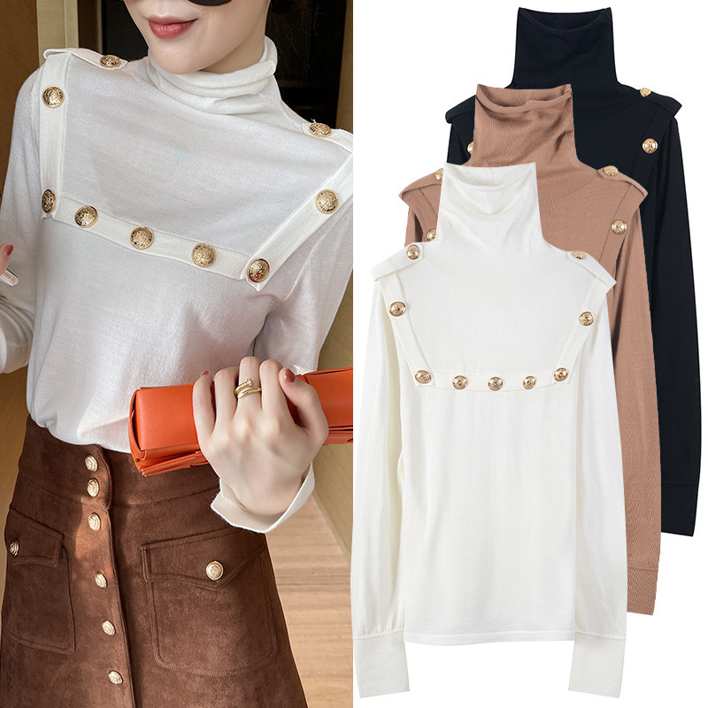 Korean Style Early Spring New Knitwear 2021 Fashionable High-Neck Long-Sleeve Slim-Fit Slimming Gold Button Simple Base Shirt Korean Style Early Spring New Knitwear 2021 Fashionable High-Neck Long-Sleeve Slim-Fit Slimming Gold Button Simple Base Shirt