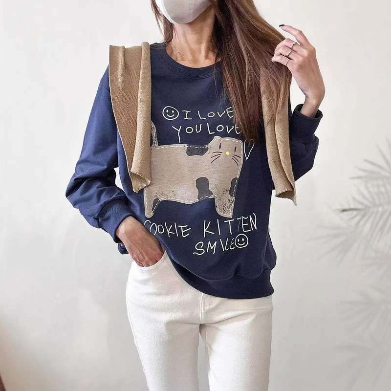 Hot explosions dotted cat university T women 2024 autumn and winter new loose plus size long sleeve ins crew neck sweater