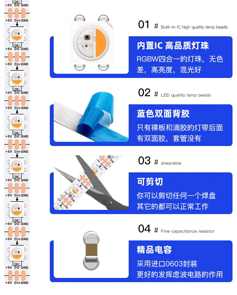 LED全彩SK6812RGBW内置IC芯片5050四色灯珠贴片5V可编程幻彩灯带