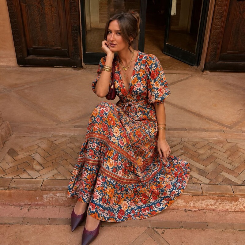 Printed Dress for Women, Floral Flared Dress, New Style, Elegant for Work, French Style, Spring and Summer, Elegant Bohemian Style