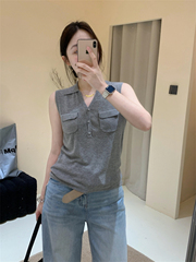 フレンチグレーポロカラーリネンニットベスト女性用夏美しいアイスシルクベストラペルノースリーブトップ多用途