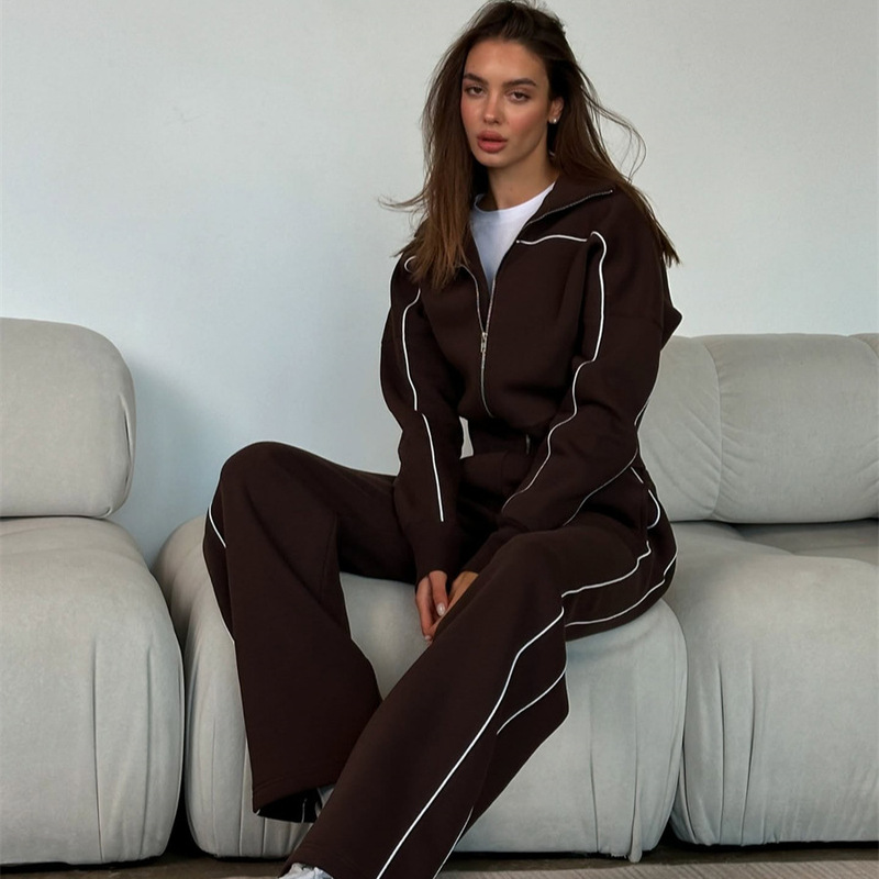 Amazon European and American Casual Suit Long-Sleeved Zipper Cardigan Loose Striped Sweatshirt Elastic Wide-Leg Pants Two-Piece Set Amazon European and American Casual Suit Long-Sleeved Zipper Cardigan Loose Striped Sweatshirt Elastic Wide-Leg Pants Two-Piece Set