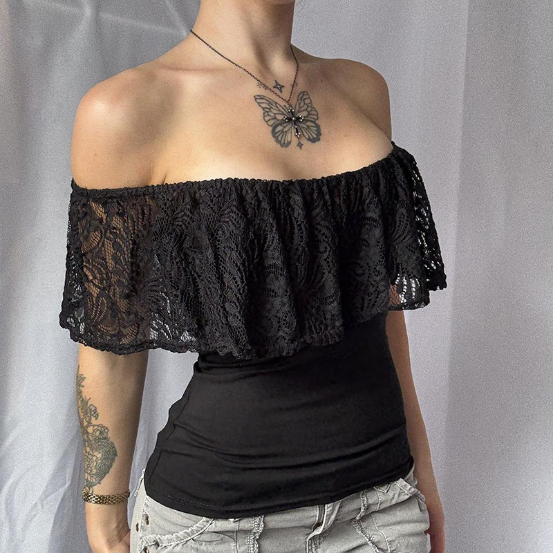 Cross-Border European and American Sexy Pure Desire Lace Patchwork Off-Shoulder T-Shirt Simple Black Feminine Style Slim Fit Hot Girl Top