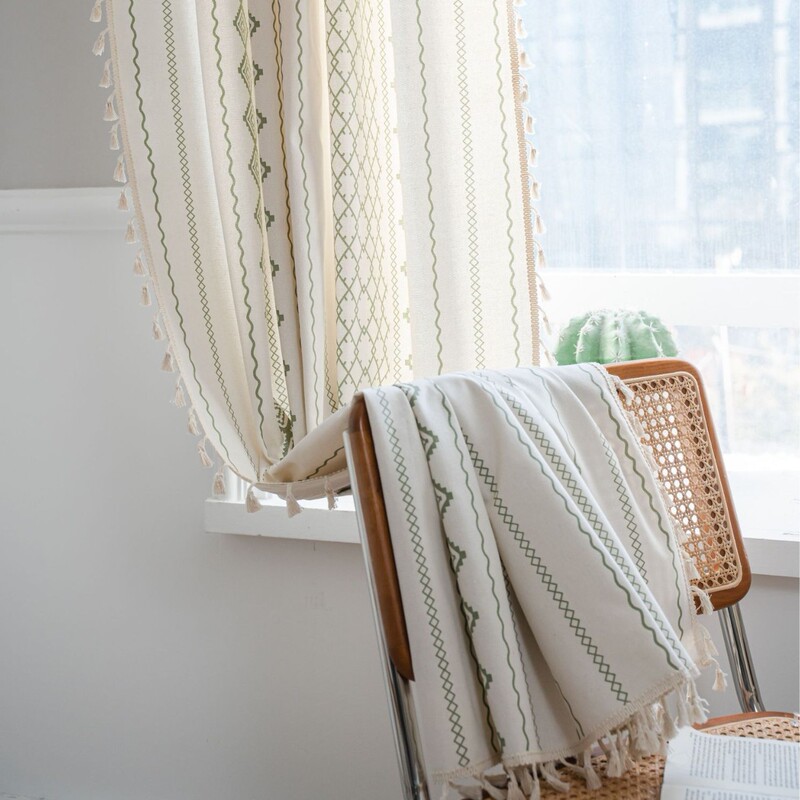 Yiman Qiyun Nordic Curtain Green Geometric Printing Tassel Kitchen Shading Partition Curtain Finished Semi-Shading Yiman Qiyun Nordic Curtain Green Geometric Printing Tassel Kitchen Shading Partition Curtain Finished Semi-Shading
