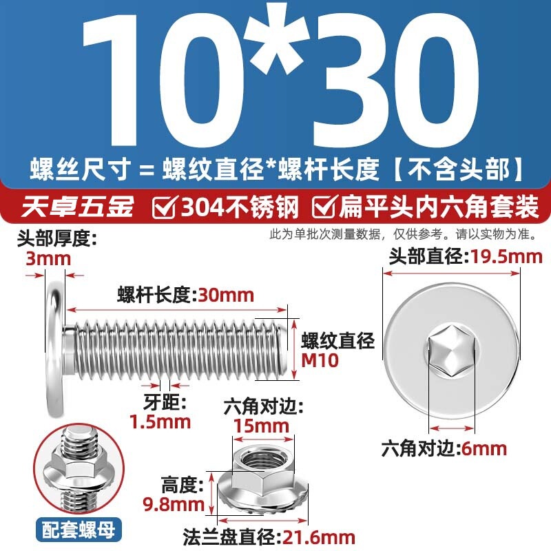 304不锈钢CM大平头超薄头C头扁平头内六角螺丝钉法兰边螺母套装M5|undefined