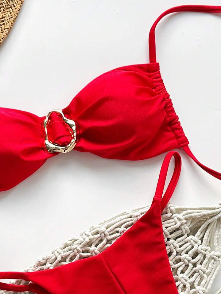 2025 Traje de baño europeo y americano transfronterizo dividido color sólido y doble tela brillante sexy bikini comercio exterior