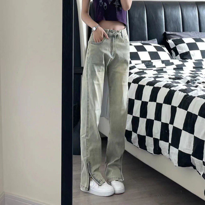 美式高街水洗黄泥染牛仔裤女2024春夏季潮牌宽松直筒开叉微喇叭裤