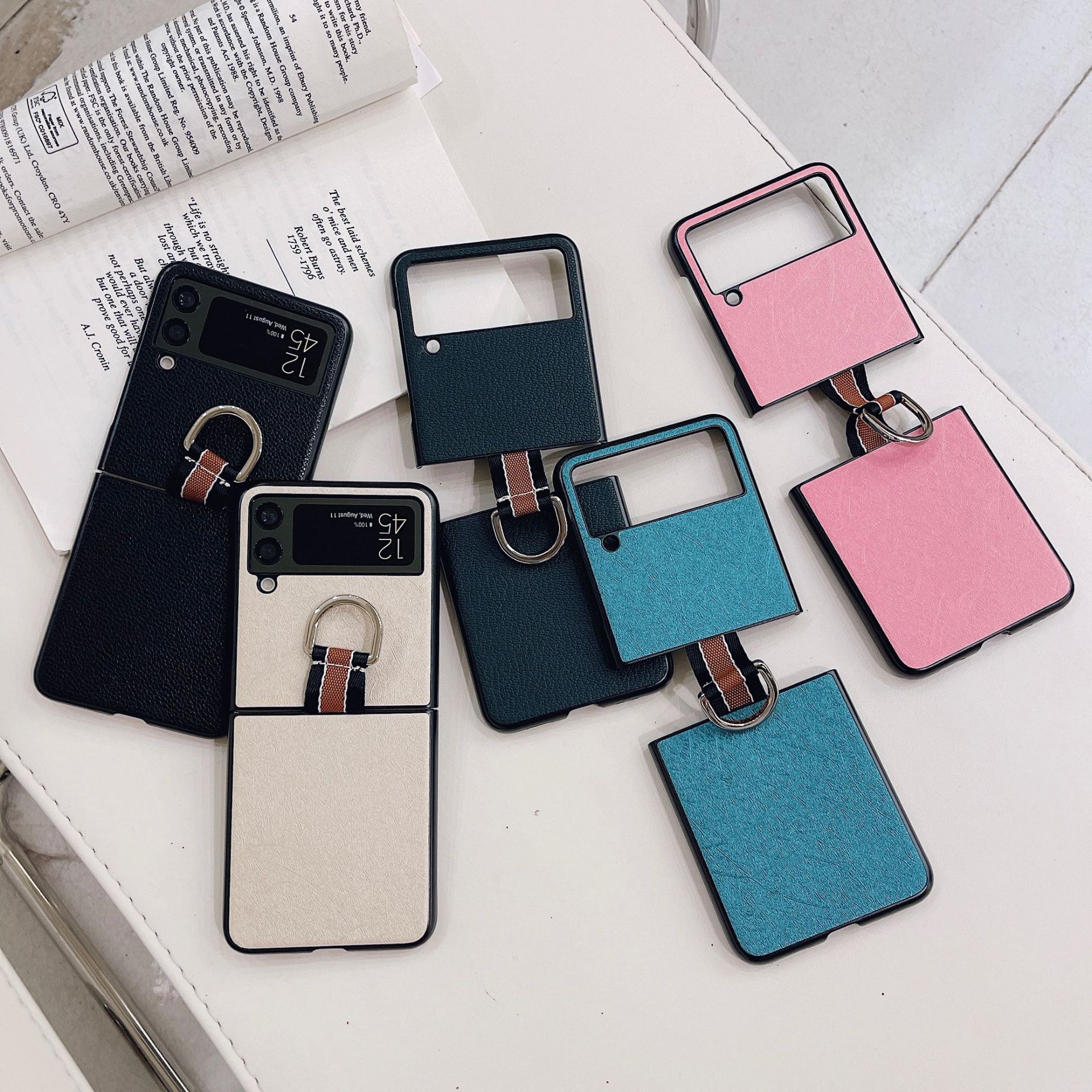 Suitable for Samsung Zip3's new silk and lychee patterned ring buckle folding phone anti drop protection moisture case_voghion.com