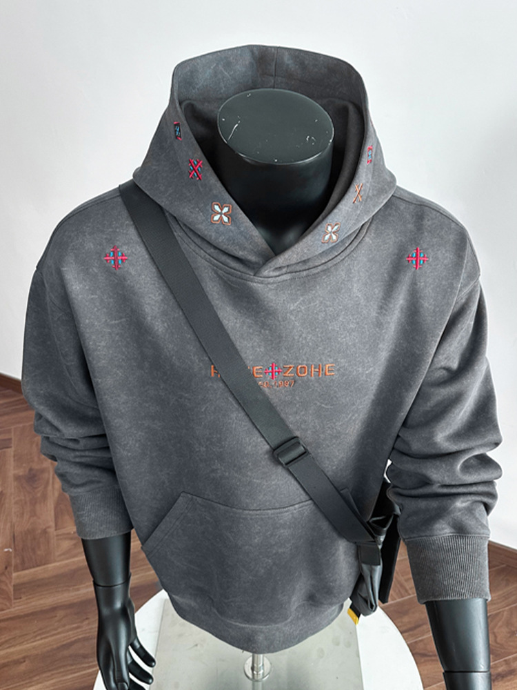 Men's Embroidered Hoodie Sand-washed Cotton Pullover Spring Style_voghion.com