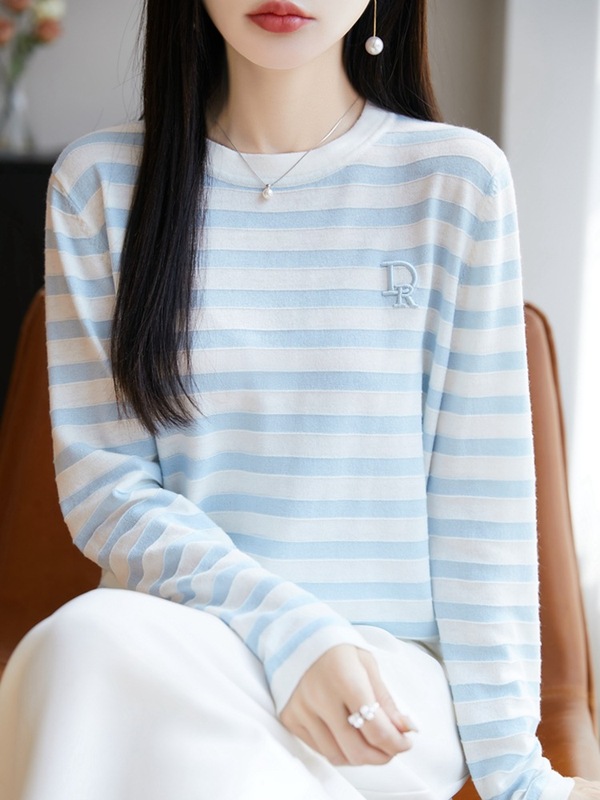 ストライプ長袖 Tシャツ 2025 秋の新大きいサイズファット mm ファッションカジュアル多用途ルーズラウンドネックボトリングトップ|undefined