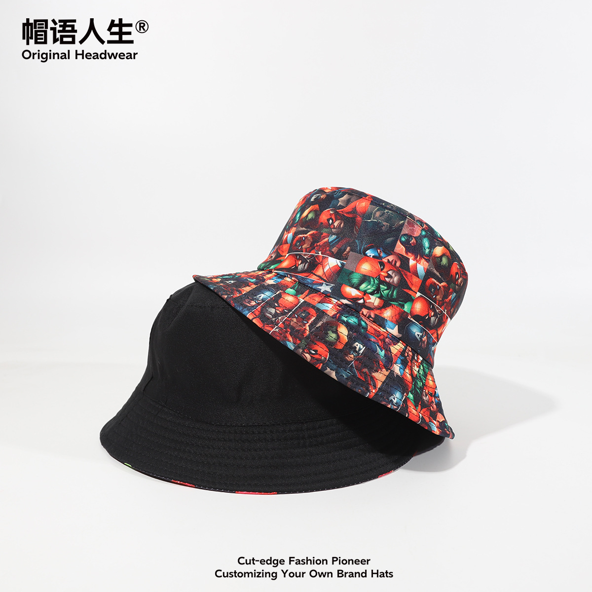 Sombrero de pescador adulto en stock de Europa y América serie de héroes impresión digital doble cara gorra de playa sombrero sombrero