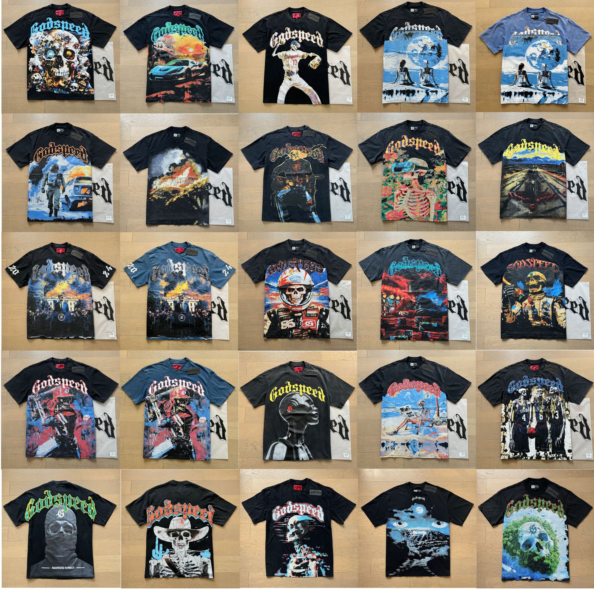 Camisetas masculinas e femininas soltas de manga curta com estampa de caveira americana de alta qualidade GOD SPEED lavadas e desgastadas da moda