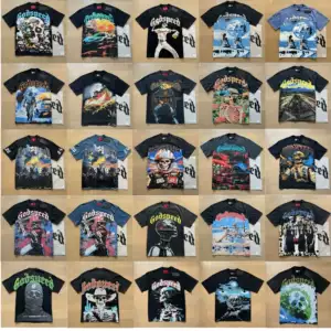 เสื้อยืดแขนสั้นคอกลม ทรงหลวม สำหรับผู้ชายและผู้หญิง ดีไซน์เรียบง่าย ลายพิมพ์ตัวอักษรกะโหลกศีรษะคำว่า “GOD SPEED” สไตล์อเมริกัน ซักน้ำแล้วดูเก่า ทันสมัย