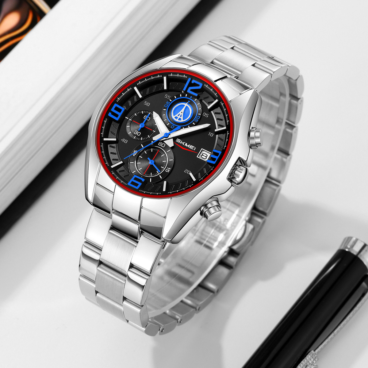 Momentos de relojes de hombre transfronterizos de acero correa de tres ojos seis agujas multifuncional relojes de cuarzo calendario de relojes de pulsera al por mayor
