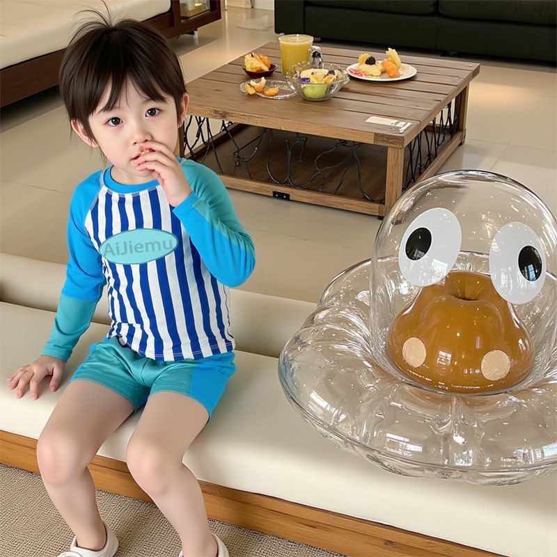 2026 Summer New Korean Style Children's Clothing Boys' Color-Blocked Long-Sleeve Sun-Protective Swimsuit with Letter Stripes Quick-Dry Wholesale