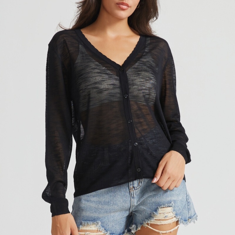 Amazon European and American Translucent Women's Summer Lightweight Sun Protection Shirt V-Neck Knitwear Cardigan Air-Conditioning Shirt Top