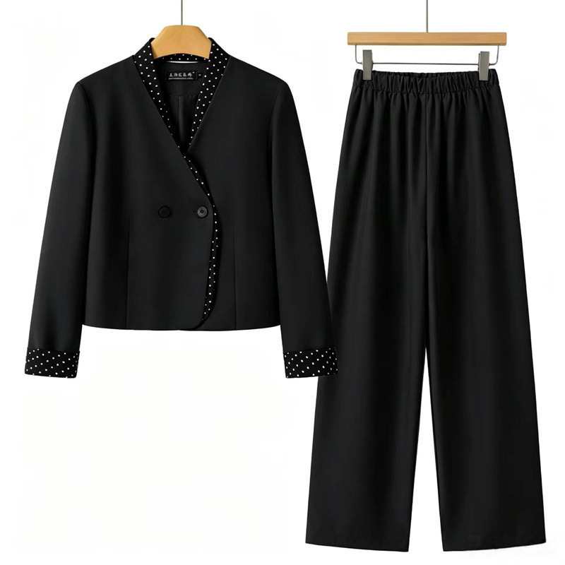 Trendy two-piece set featuring elastic-waist long pants and a stylish faux two-piece polka-dot patchwork suit jacket for women, exuding a sophisticated and high-end look Trendy two-piece set featuring elastic-waist long pants and a stylish faux two-piece polka-dot patchwork suit jacket for women, exuding a sophisticated and high-end look