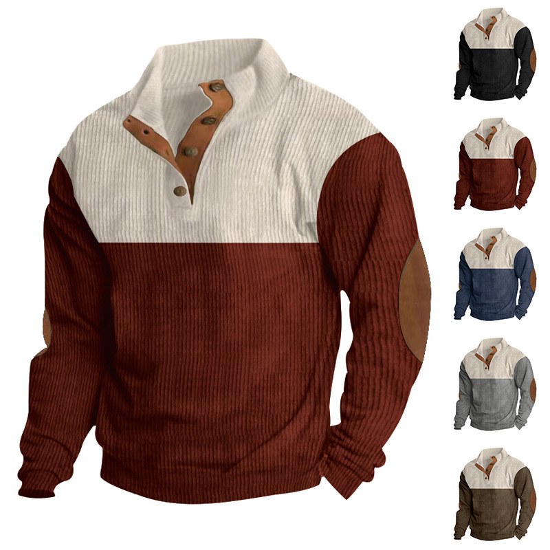 2024 Cross-Border Large Size Spring and Autumn Men's Casual Color-Blocked Stand-Up Collar Sports Sweatshirt Amazon Corduroy Heavy Sweatshirt
