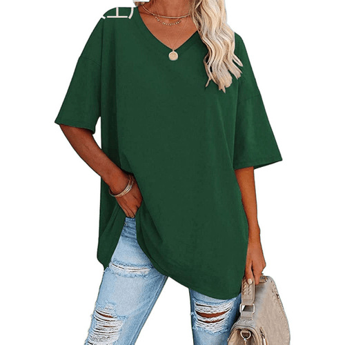 European and American Women's Spring/Summer Colorful Loose-Fit Half-Sleeve V-Neck Cotton Cinched Top