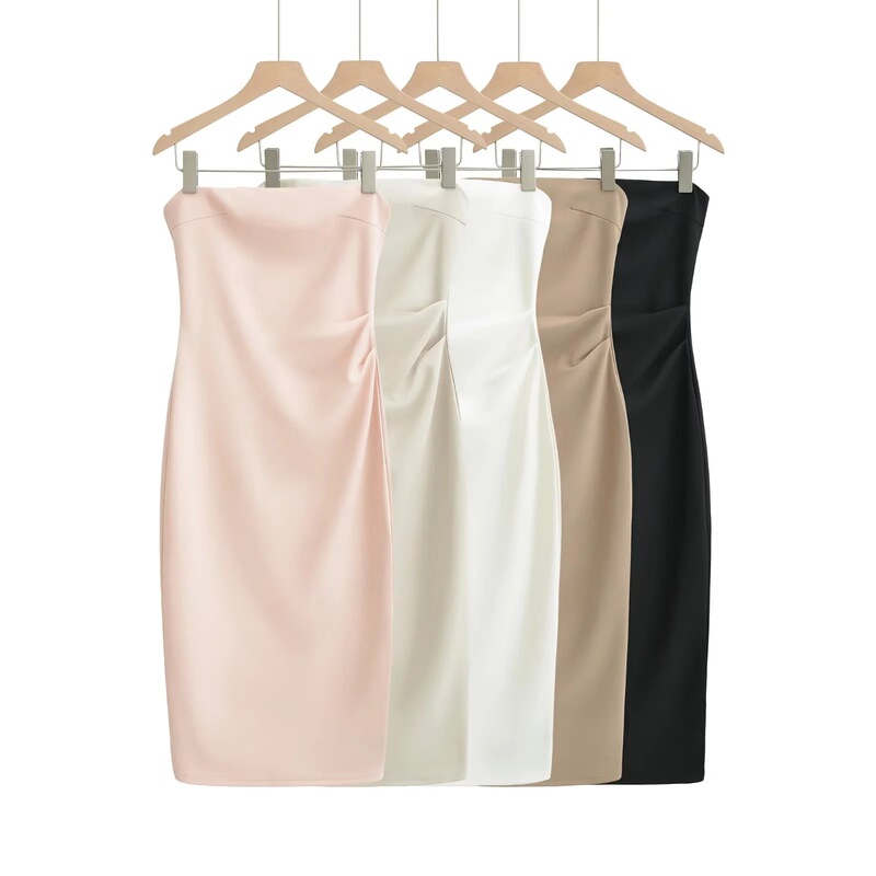 Solid color off-shoulder strapless tube top midi dress for women, pleated, slim-fit, with back slit, sexy bodycon dress Solid color off-shoulder strapless tube top midi dress for women, pleated, slim-fit, with back slit, sexy bodycon dress