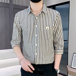 2025夏季条纹短袖衬衫男潮牌新款男装七分袖上衣服痞帅休闲衬衣