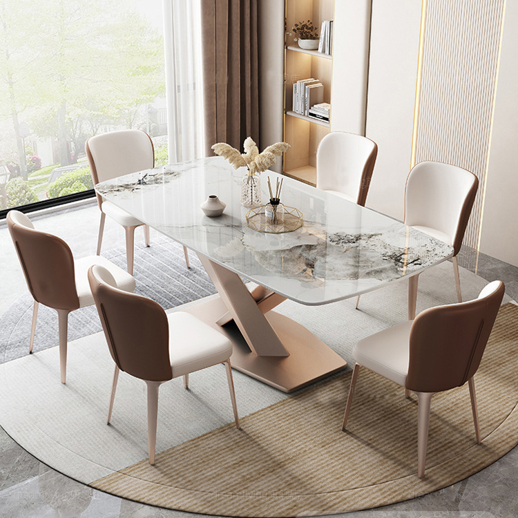Mesa de comedor de tabla de roca de lujo ligero de Dalifeng, mesa de comedor doméstica moderna y simple, combinación de mesas y sillas rectangulares.