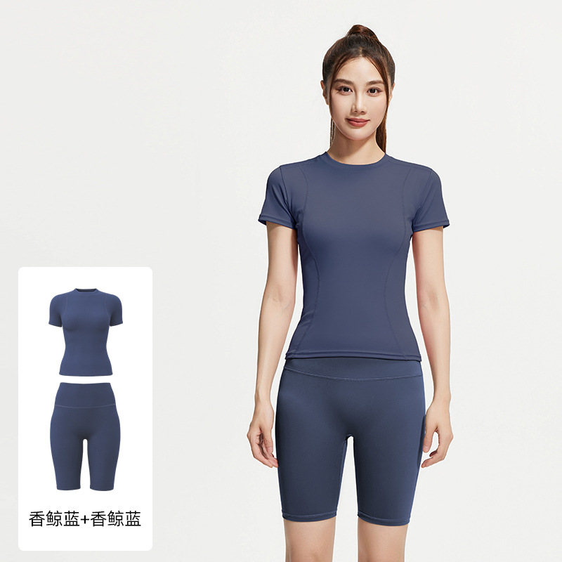 Juyi Tang verano yoga camisa de mangas cortas para mujeres delgada secado rápido y transpirable ajuste deportivo para correr y fitness set