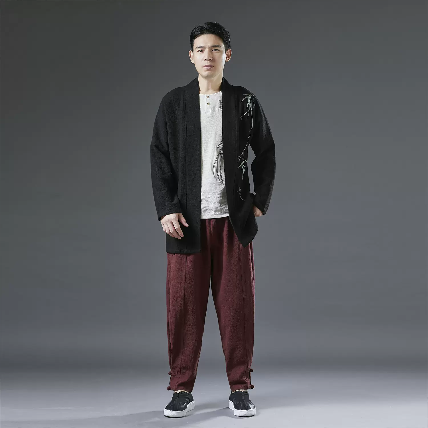 麻凡布衣竹语青年长袖 中国风宽松款中式汉服 古纹麻印花唐装批发