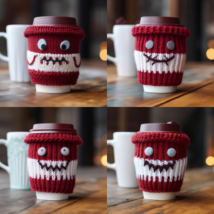 Source Manufacturer Creative Christmas Ceramic Cup Set Simple Cute Expression Coffee Cup Set Cartoon Red and White Knitted